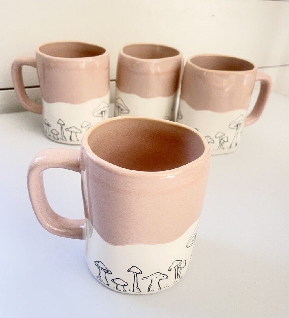 NEW Rae Dunn Artisan Collection Mushroom Ceramic Set Of 4 Mugs Pink Dip Glaze